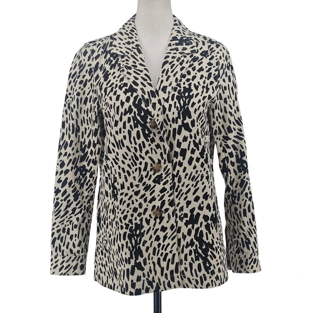 Lafayette 148 Blazer XS Cream Black Animal Print Safari Chic Contemporary Office